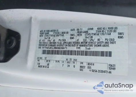 2011 Ford E-250 Commercial из США, поврежденный, VIN 1FTNE2EL3BDB39671